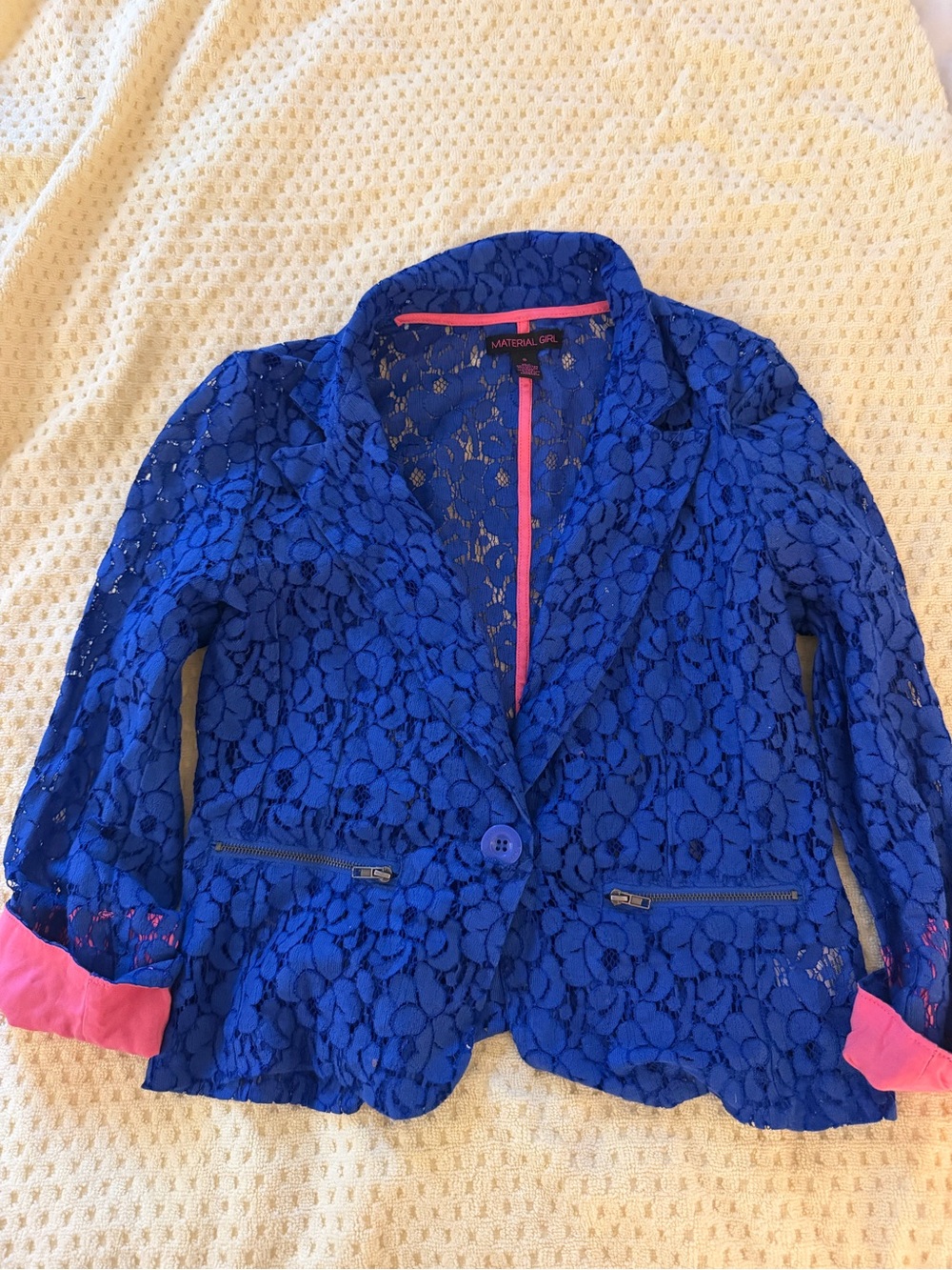 Material Girl Royal Blue Floral Lace Blazer with Pink Trim